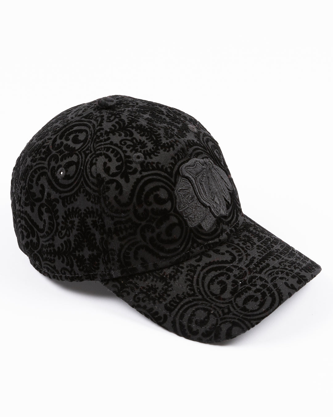 black New Era ladies hat with textured design and tonal Chicago Blackhawks primary logo embroidered on front - right angle lay flat