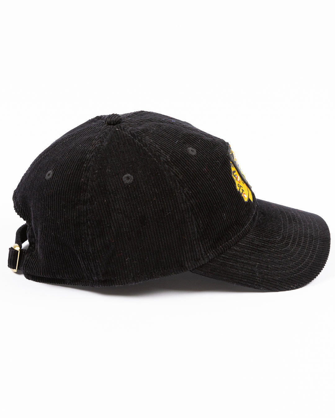 black corduroy New Era adjustable hat with embroidered Chicago Blackhawks primary logo on front - right side lay flat