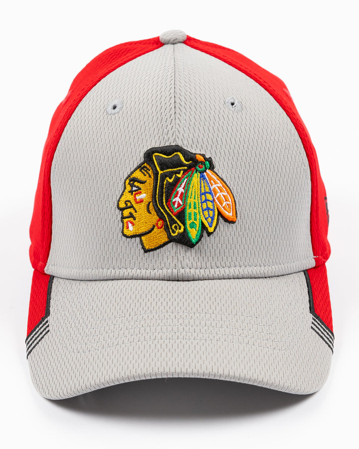 grey and red New Era fitted hat with Chicago Blackhawks primary logo embroidered on front - front lay flat