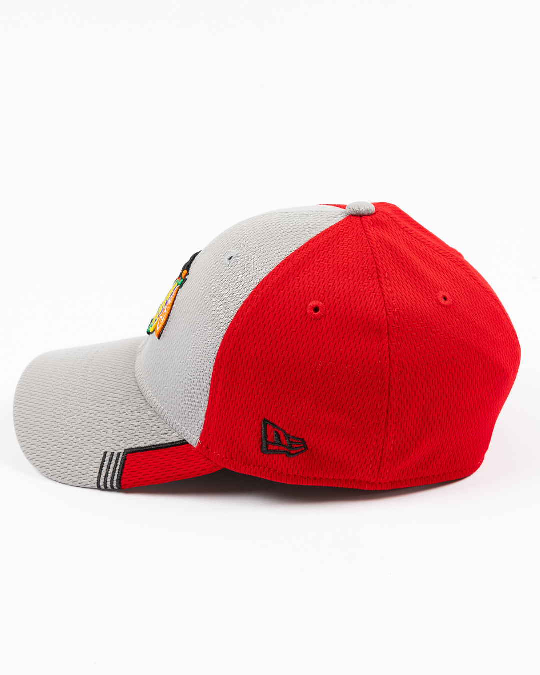 grey and red New Era fitted hat with Chicago Blackhawks primary logo embroidered on front - left side lay flat