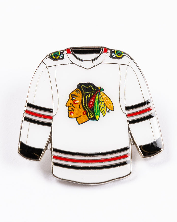 aminco pin of Chicago Blackhawks white away jersey - front lay flat