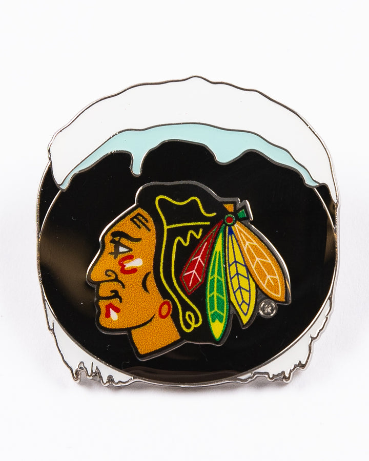 aminco pin of hockey puck in icy design with Chicago Blackhawks primary logo - front lay flat