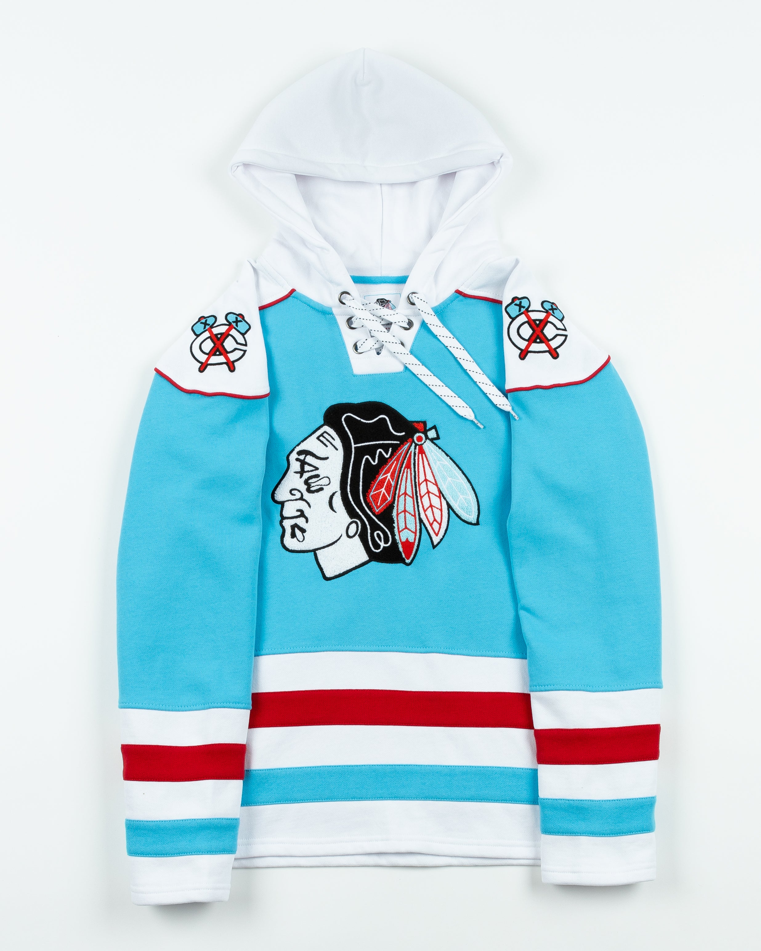 SDS Four Stars Chicago Blackhawks Primary Stripe Lace Up Jersey Hoodie M Blue