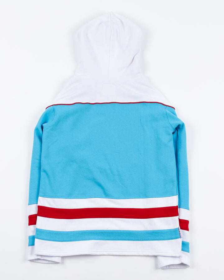 blue, white and red lace up hockey jersey hoodie with Chicago Blackhawks primary logo in Chicago flag-inspired colorway and secondary logos embroidered on shoulders - back lay flat