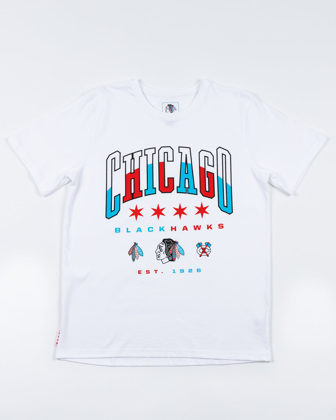 white tee with Chicago wordmark graphic on front and Blackhawks logos below in Chicago flag-inspired colorway- front lay flat