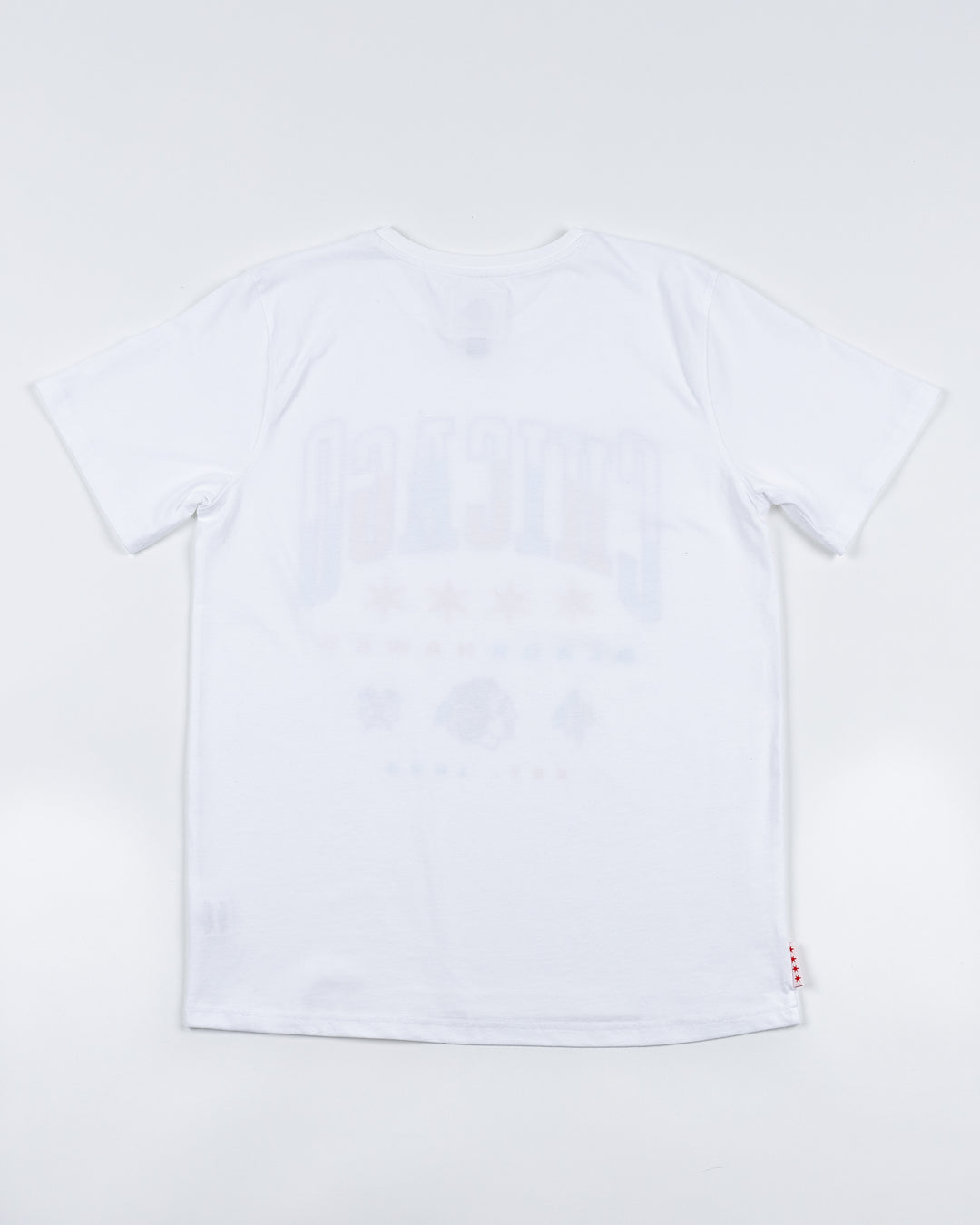 white tee with Chicago wordmark graphic on front and Blackhawks logos below in Chicago flag-inspired colorway- back lay flat