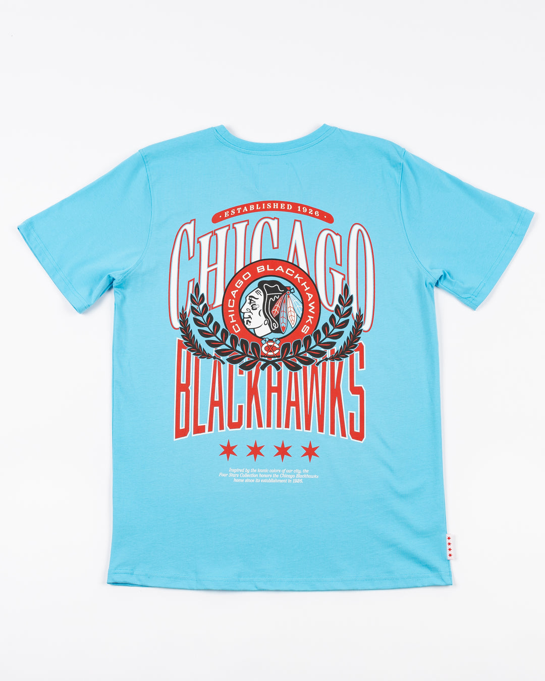 blue short sleeve tee with Chicago and Chicago Blackhawks four feathers logo on left chest and Chicago Blackhawks crest design on back - back lay flat