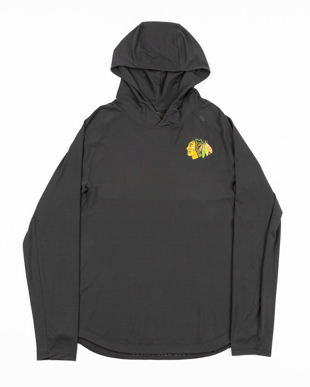 black lululemon men's training hoodie with Chicago Blackhawks primary logo printed on left chest - front lay flat