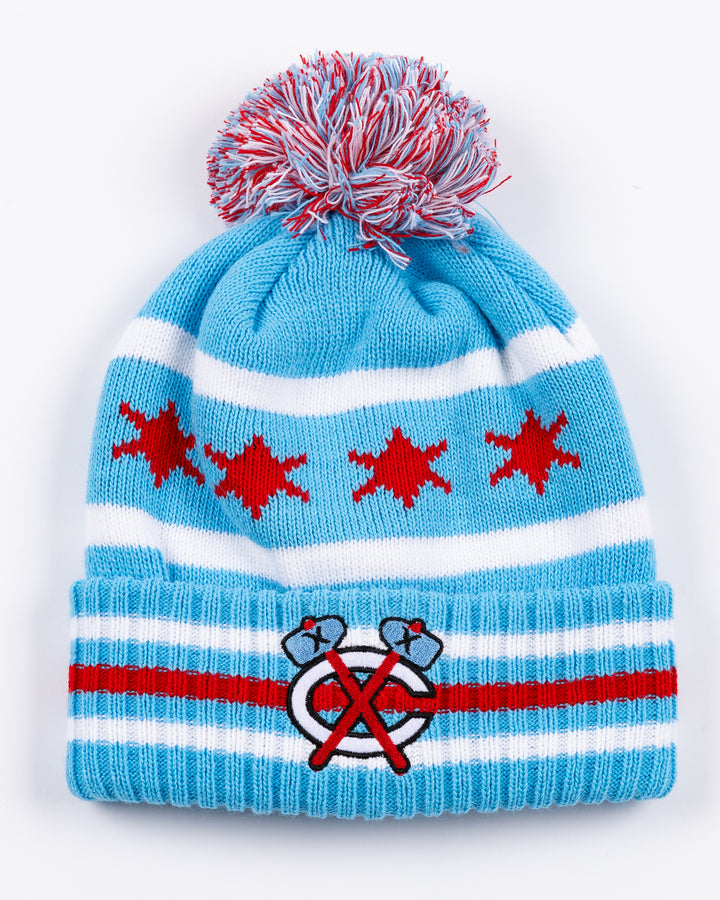 blue knit hat with Chicago flag-inspired design and Chicago Blackhawks secondary logo embroidered on front striped cuff and multicolor pom on top - front lay flat