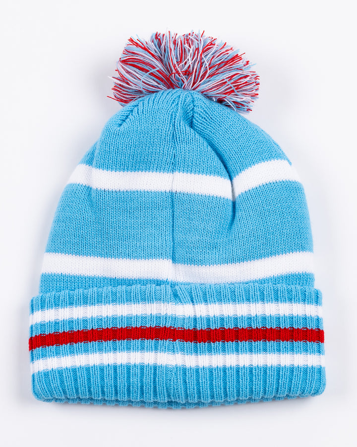 blue knit hat with Chicago flag-inspired design and Chicago Blackhawks secondary logo embroidered on front striped cuff and multicolor pom on top - back lay flat