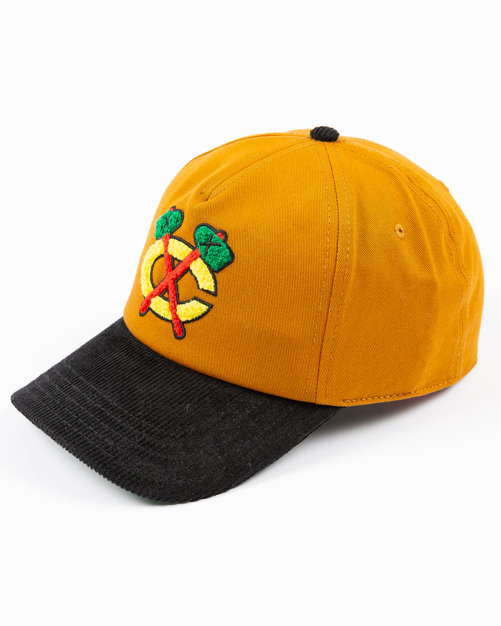 two-tone brown and black American Needle adjustable cap with Chicago Blackhawks secondary logo in chenille on front - left angle lay flat