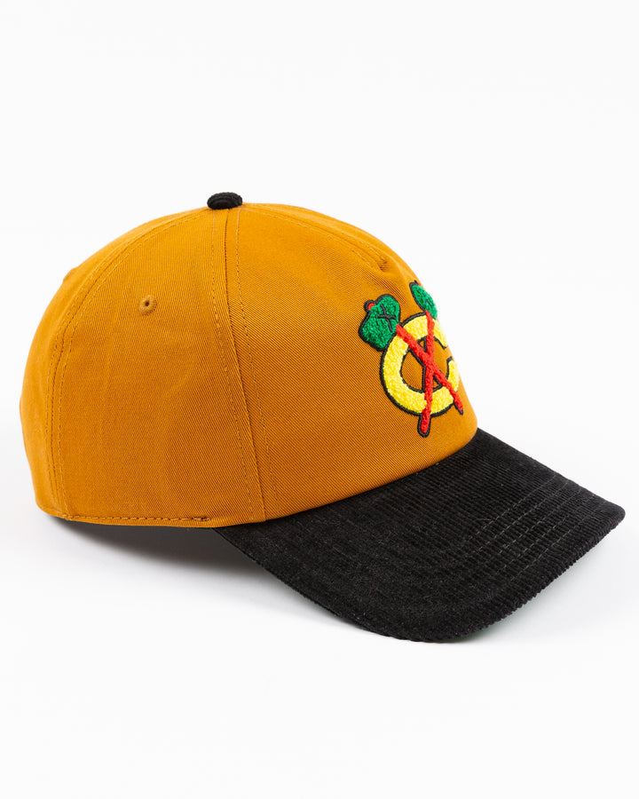 two-tone brown and black American Needle adjustable cap with Chicago Blackhawks secondary logo in chenille on front - right angle lay flat