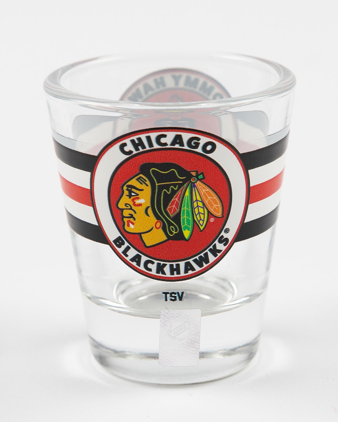 shot glass with Chicago Blackhawks mascot Tommy on classic stripe design - back lay flat