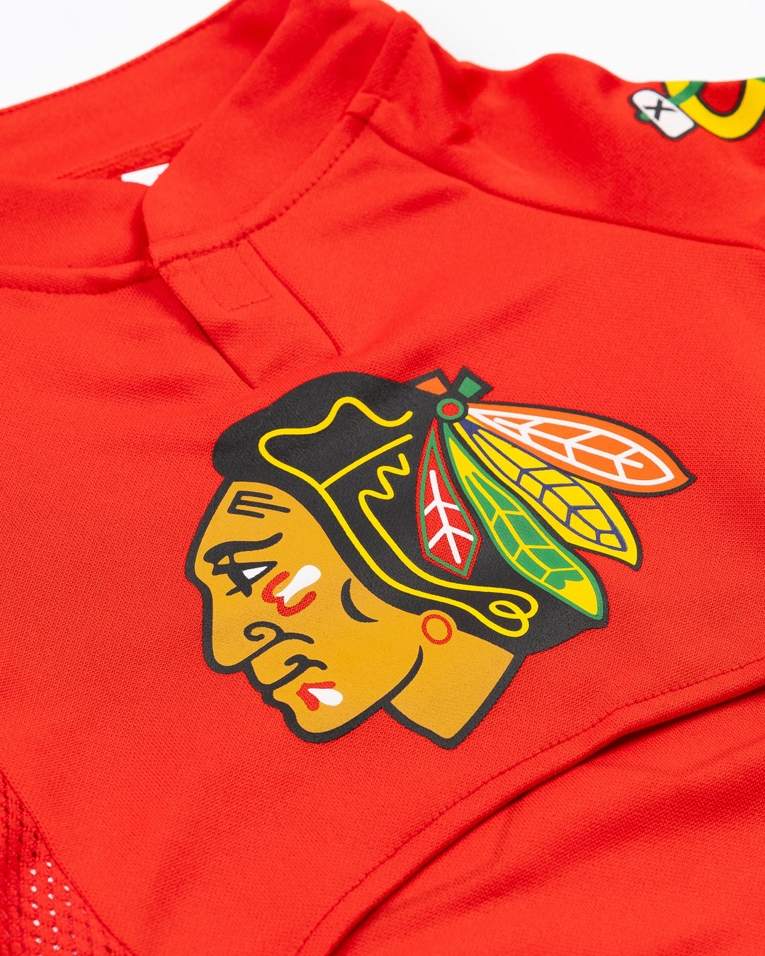 Chicago Blackhawks pet jersey with Connor Bedard name and number - front detail lay flat