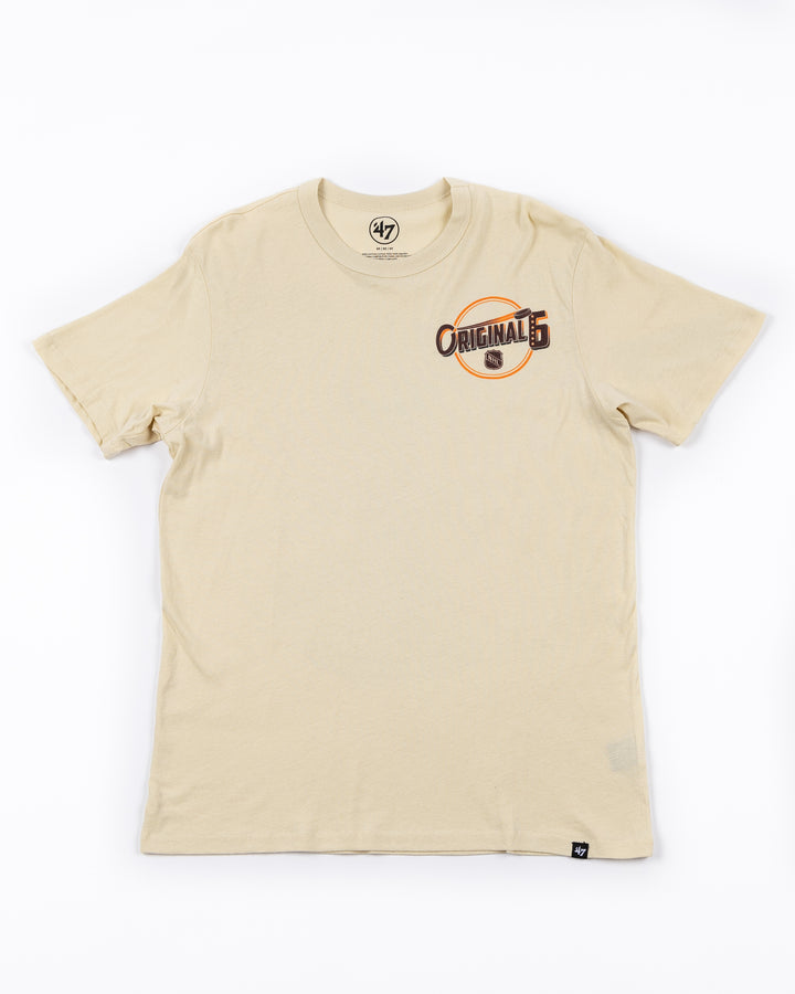 beige '47 brand short sleeve tee with Original Six and Chicago Blackhawks graphics on left chest and full back - front lay flat