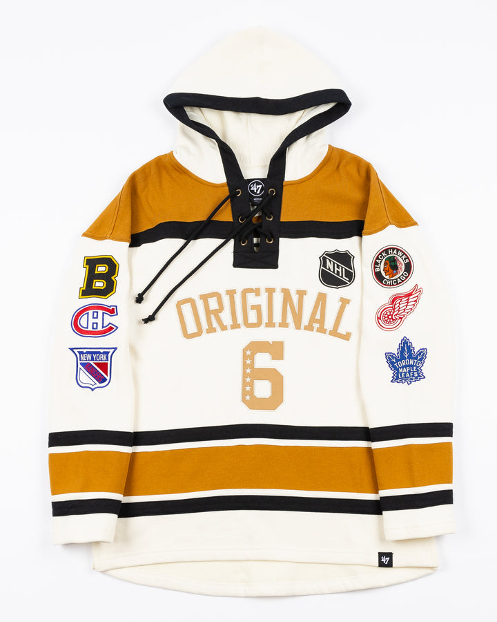 '47 brand cream and brown hockey jersey-inspired lace hoodie with Original Six details on front and sleeves - front lay flat