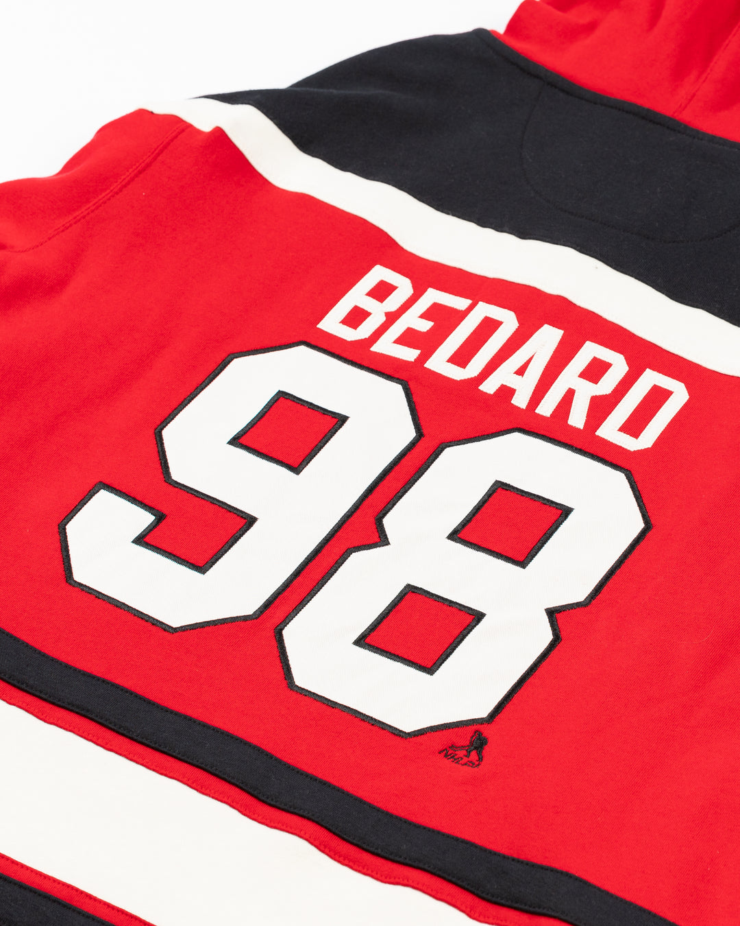 red black and white '47 brand lacer hoodie with Chicago Blackhawks primary logo on front and Bedard name and number on back - back detail lay flat