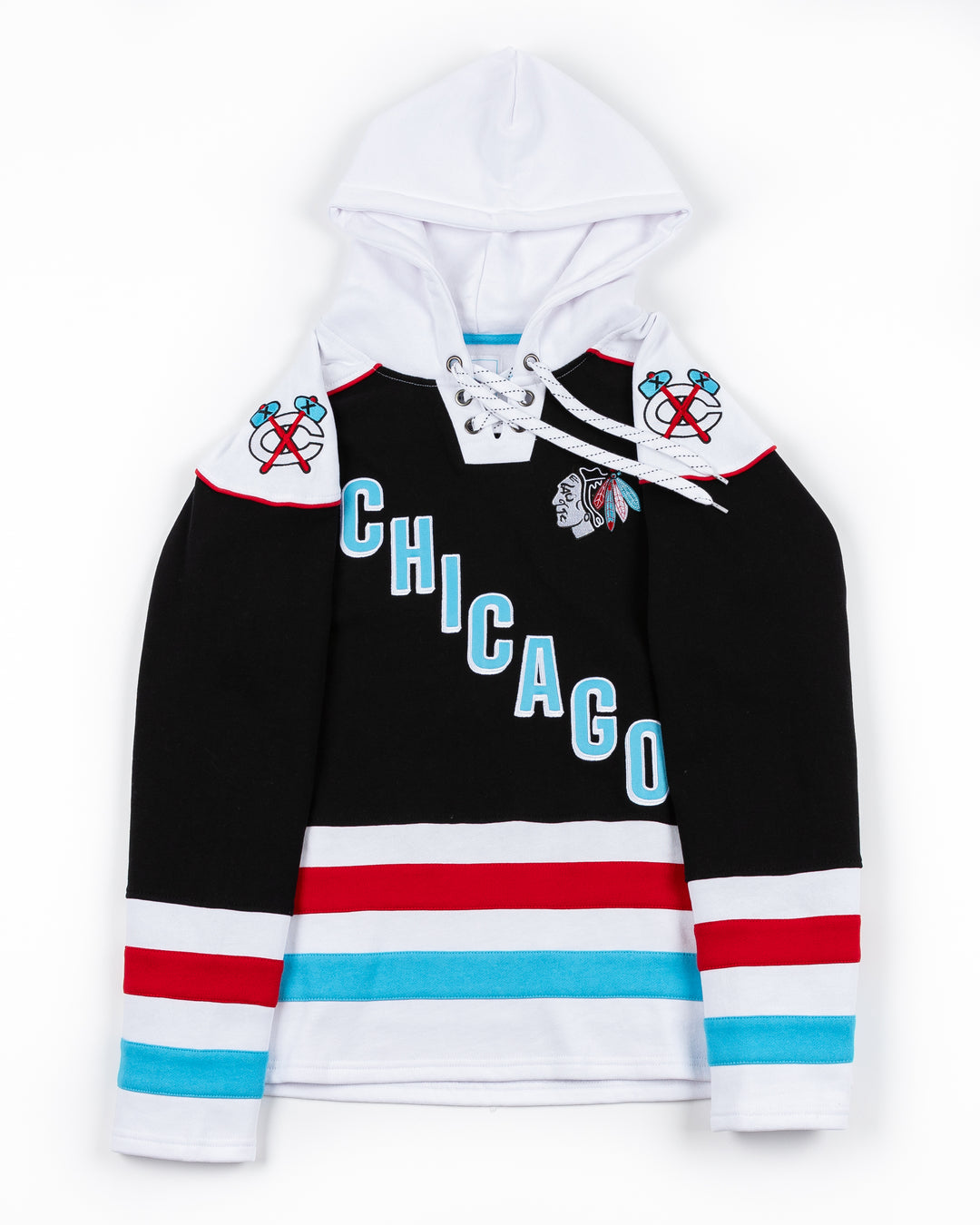 black and white lacer hoodie with diagonal Chicago wordmark on front with Chicago Blackhawks primary logo on left chest and secondary logos adorning shoulders - front lay flat