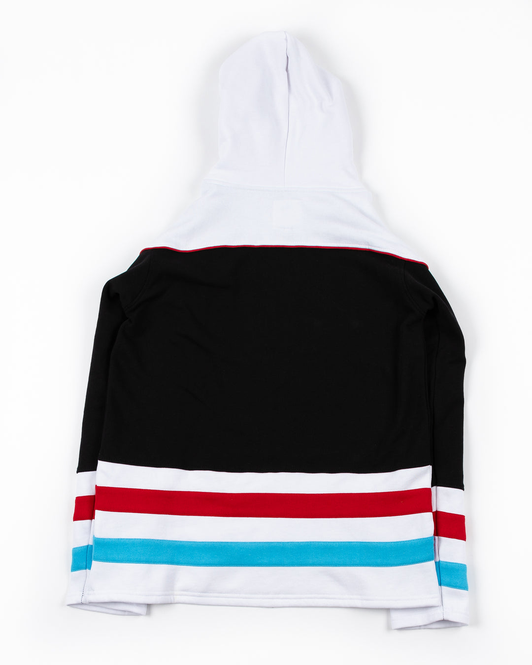 black and white lacer hoodie with diagonal Chicago wordmark on front with Chicago Blackhawks primary logo on left chest and secondary logos adorning shoulders - back lay flat