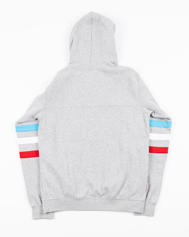 grey lacer hoodie with blue white and red stripes on arms with Chicago wordmark above Chicago Blackhawks four feather logo embroidered on front - back lay flat