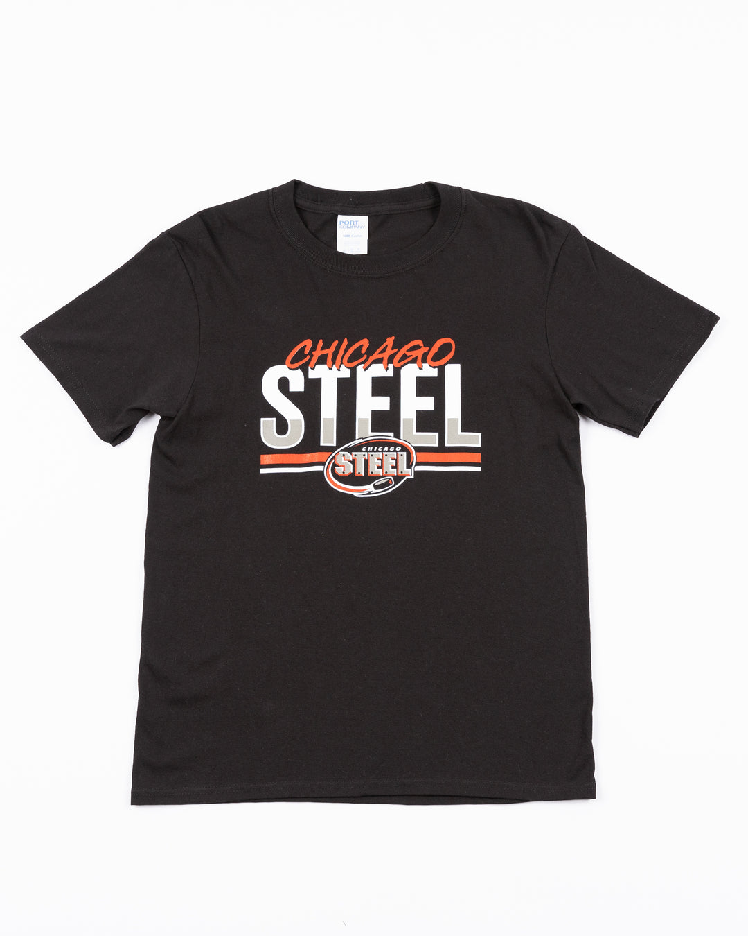 black youth short sleeve tee with Chicago Steel wordmark graphic above the classic Steel logo across front - front lay flat