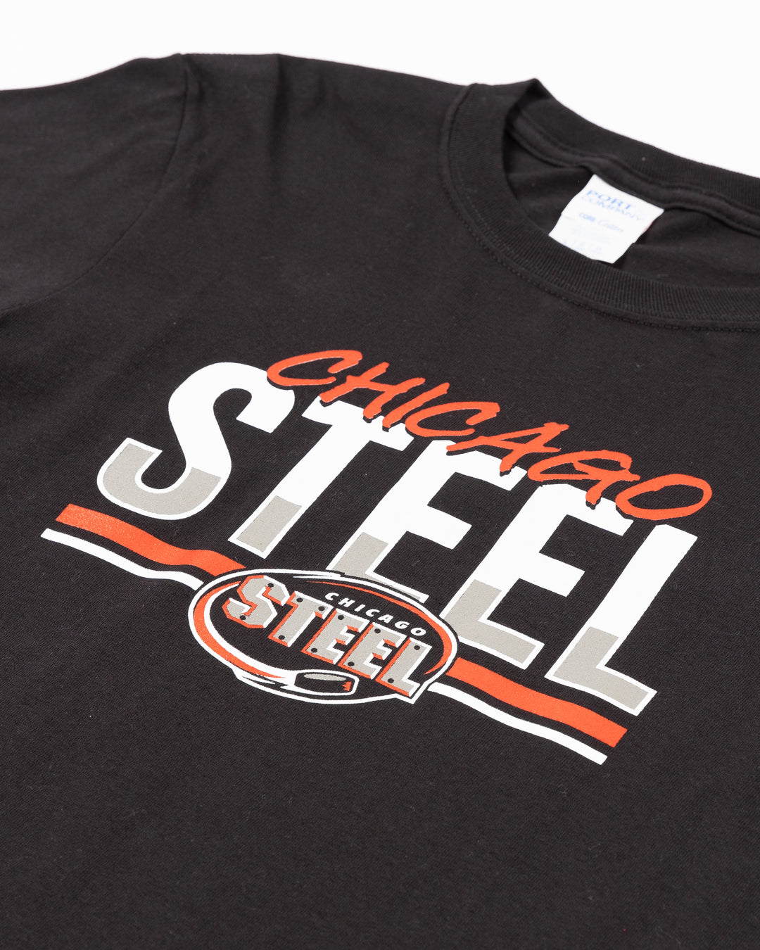 black youth short sleeve tee with Chicago Steel wordmark graphic above the classic Steel logo across front - front detail lay flat