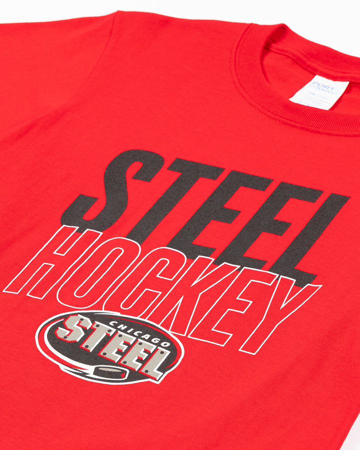 red youth short sleeve tee with Steel Hockey wordmark and classic logo across front - front detail lay flat