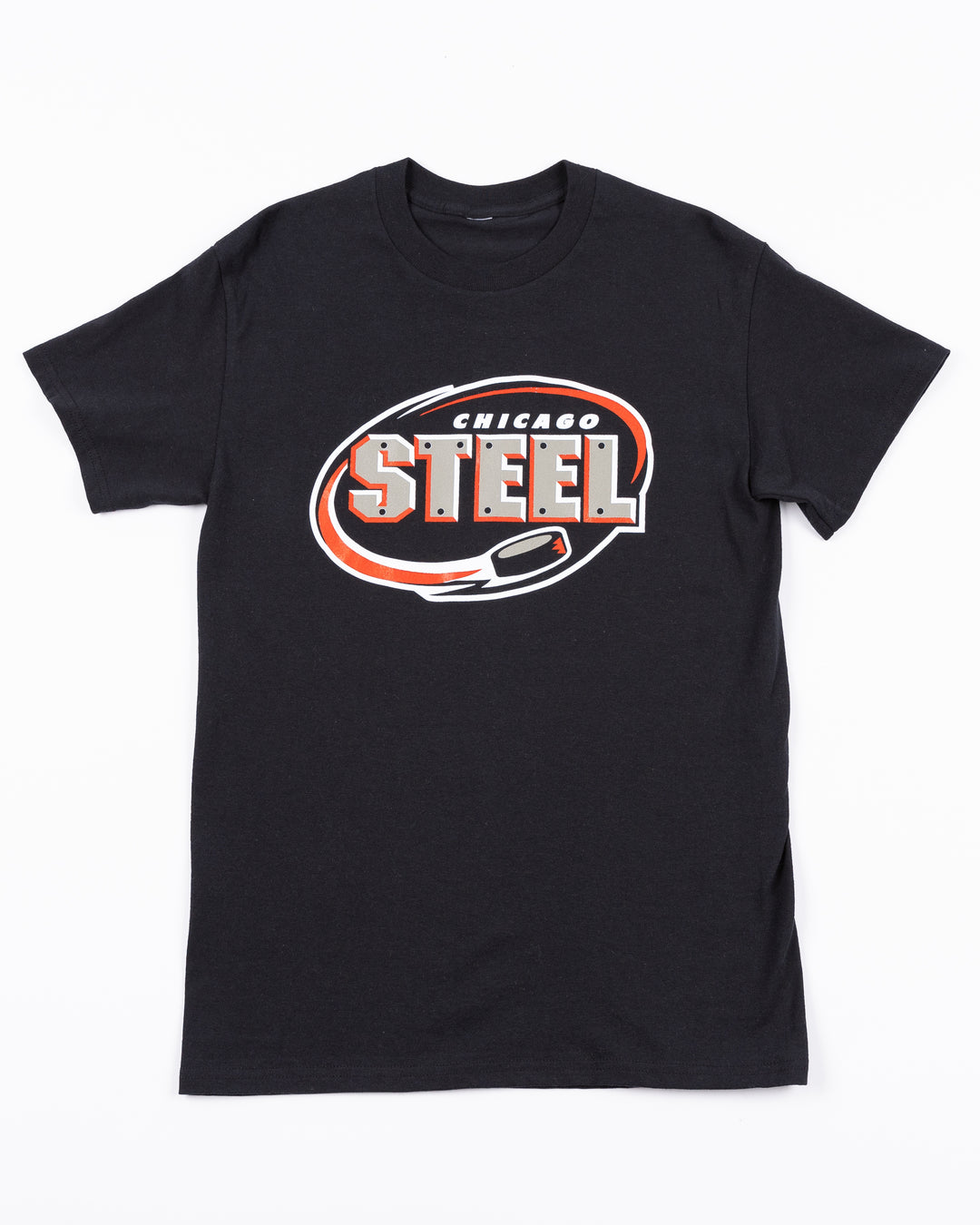 youth black short sleeve tee with Chicago Steel logo on front - front lay flat