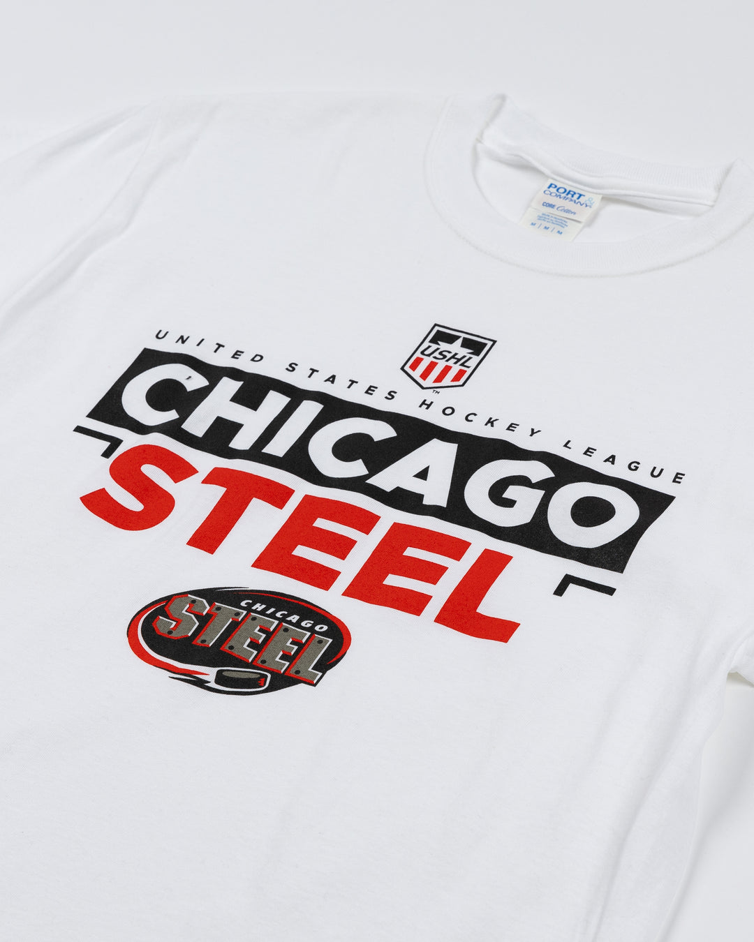 white short sleeve tee with USHL Chicago Steel wordmark graphic across front - front detail lay flat