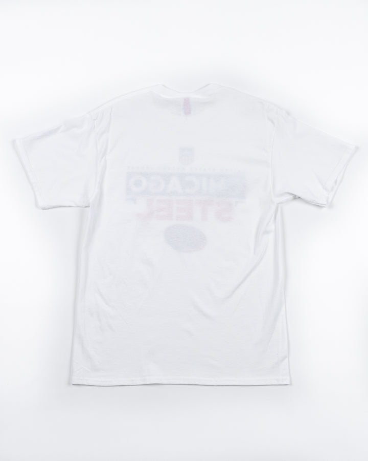 white short sleeve tee with USHL Chicago Steel wordmark graphic across front - back lay flat