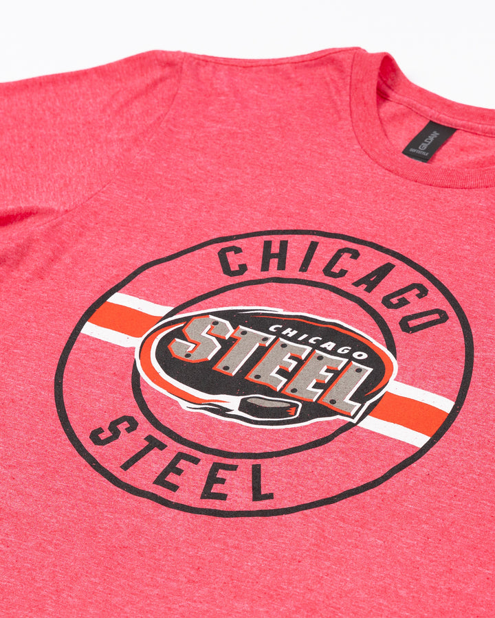 heather red soft short sleeve tee with Chicago Steel wordmark graphic and logo printed on front - front detail lay flat