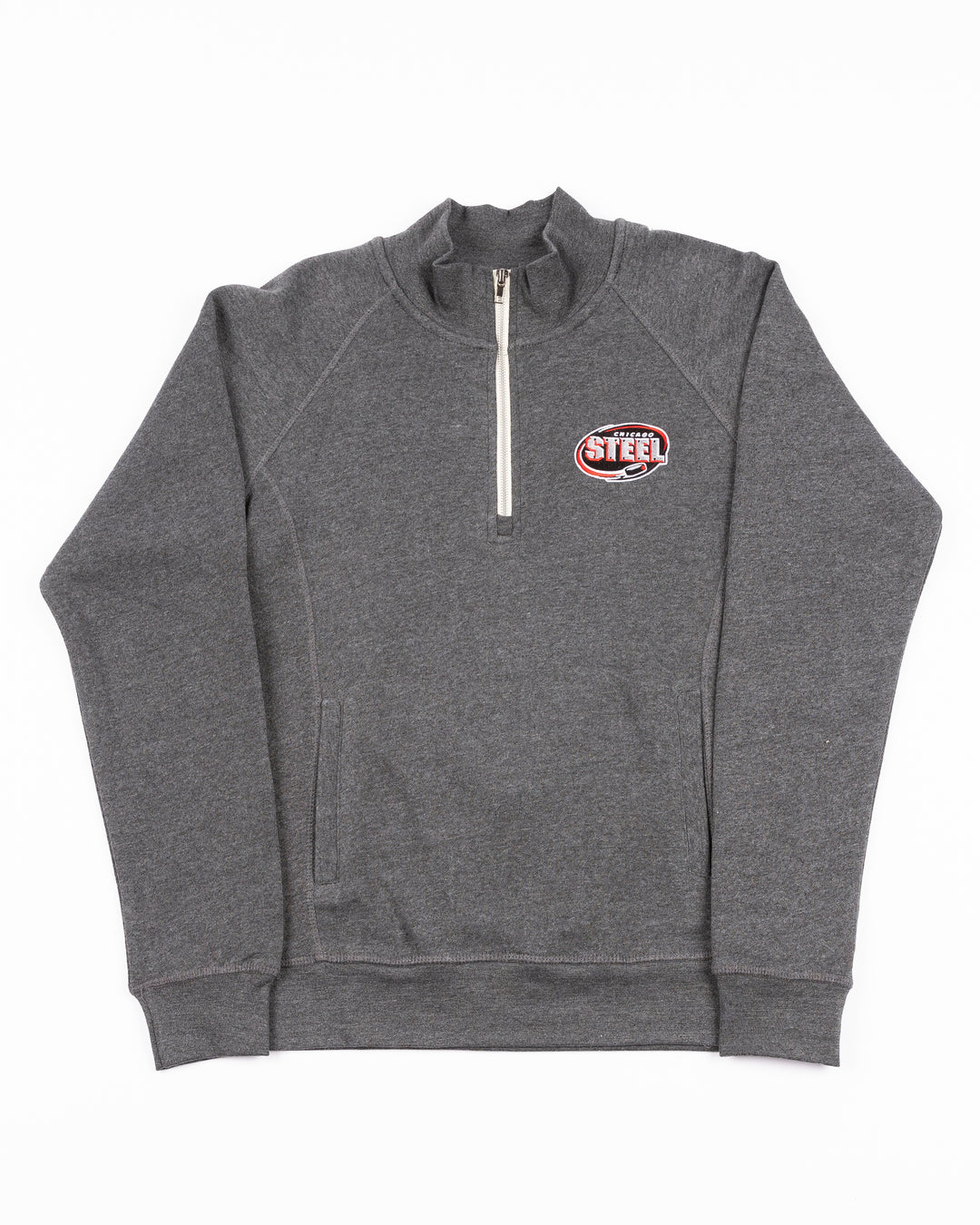 dark grey black quarter zip with Chicago Steel hockey team logo on left chest - front lay flat