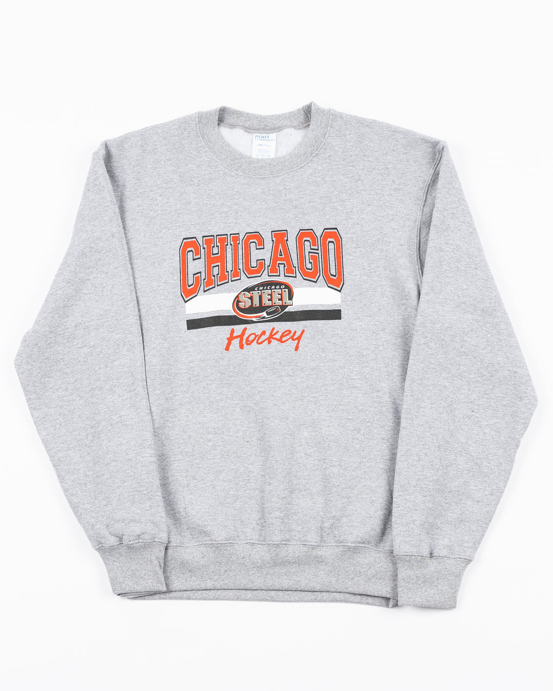 heather grey youth crewneck sweatshirt with Chicago Hockey wordmark and Chicago Steel logo across front - front lay flat