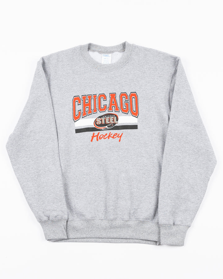 heather grey youth crewneck sweatshirt with Chicago Hockey wordmark and Chicago Steel logo across front - front lay flat