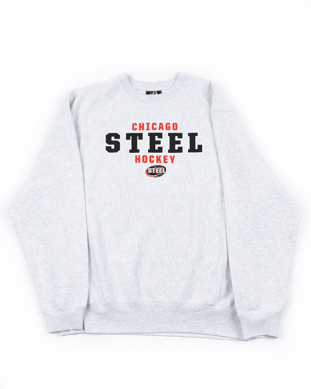 light grey reverse weave crewneck sweatshirt with Chicago Steel hockey wordmark and logo on front - front lay flat