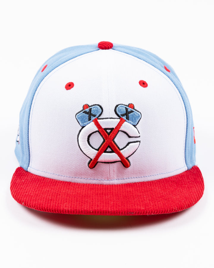 white blue and red New Era fitted 59FIFTY cap with Chicago Blackhawks secondary logo embroidered on front - front lay flat