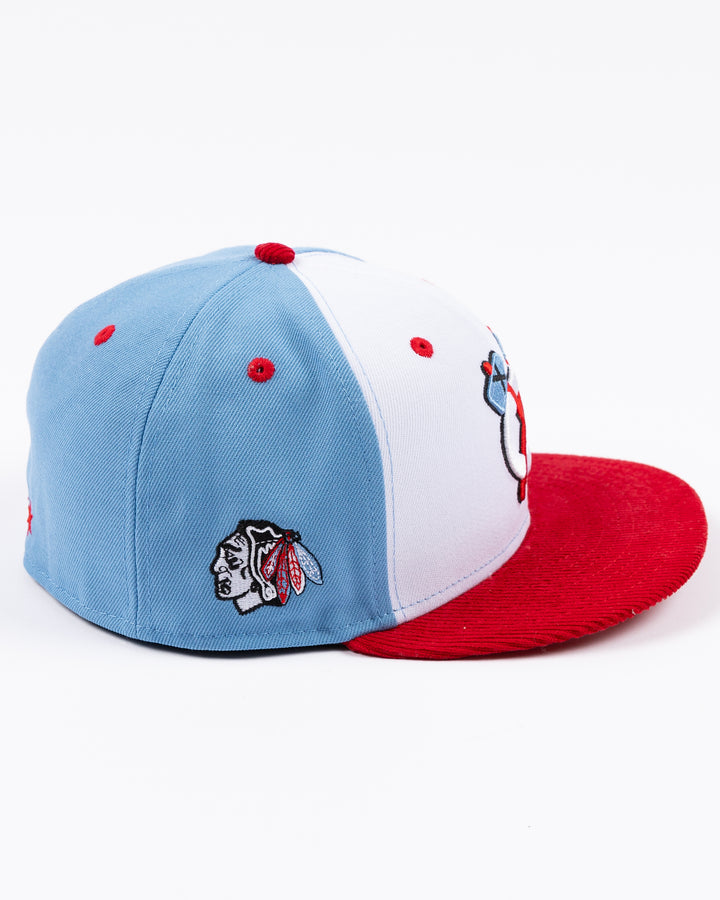 white blue and red New Era fitted 59FIFTY cap with Chicago Blackhawks secondary logo embroidered on front - right side lay flat