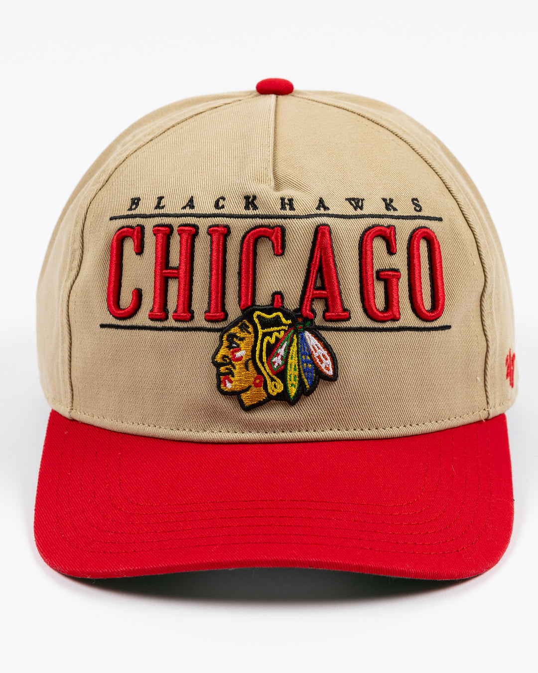 khaki '47 brand adjustable cap with Chicago Blackhawks wordmark and primary logo embroidered on front with red visor - front lay flat