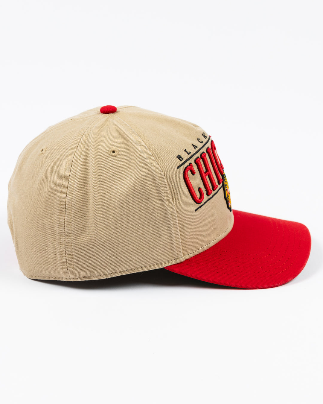 khaki '47 brand adjustable cap with Chicago Blackhawks wordmark and primary logo embroidered on front with red visor - right side lay flat