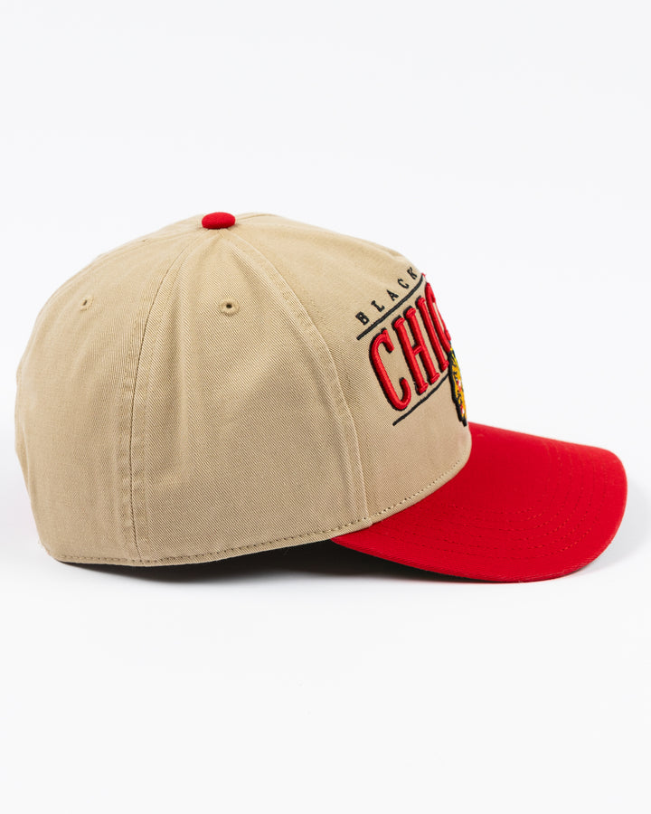 khaki '47 brand adjustable cap with Chicago Blackhawks wordmark and primary logo embroidered on front with red visor - right side lay flat