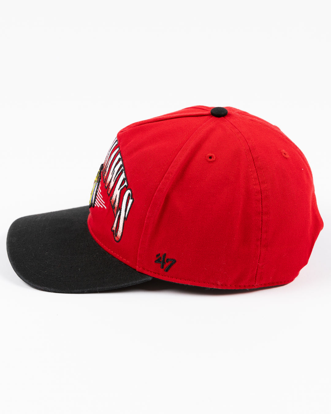 two tone red and black '47 brand adjustable cap with Chicago Blackhawks wordmark and primary logo embroidered on front - left side lay flat