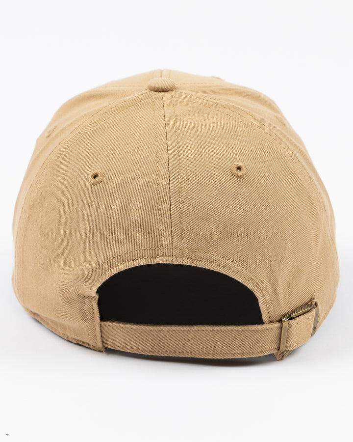 khaki '47 brand adjustable cap with Chicago Blackhawks wordmark and primary logo embroidered on front - back lay flat