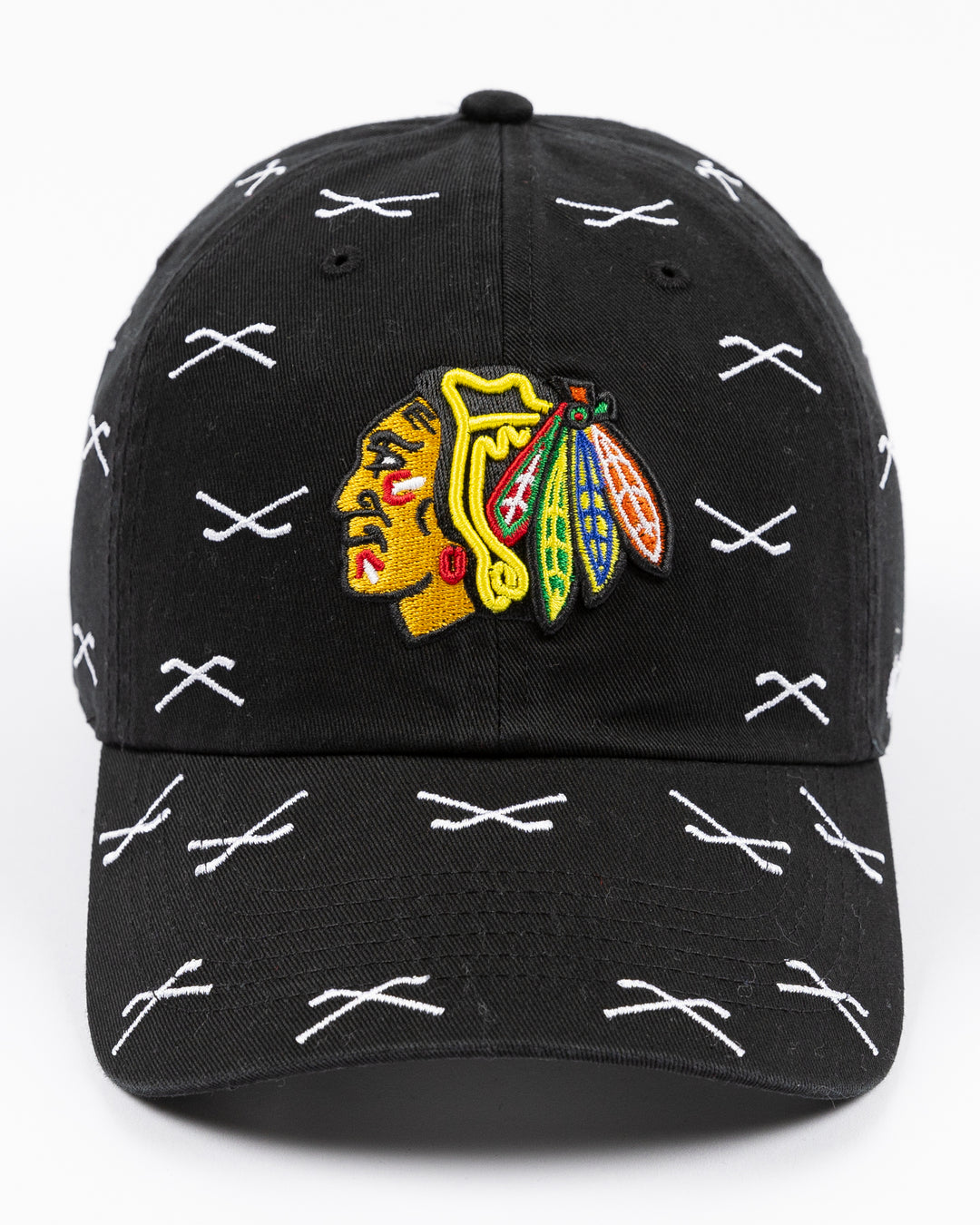 black '47 brand clean up adjustable cap with Chicago Blackhawks primary logo embroidered on front with all over hockey stick pattern - front lay flat