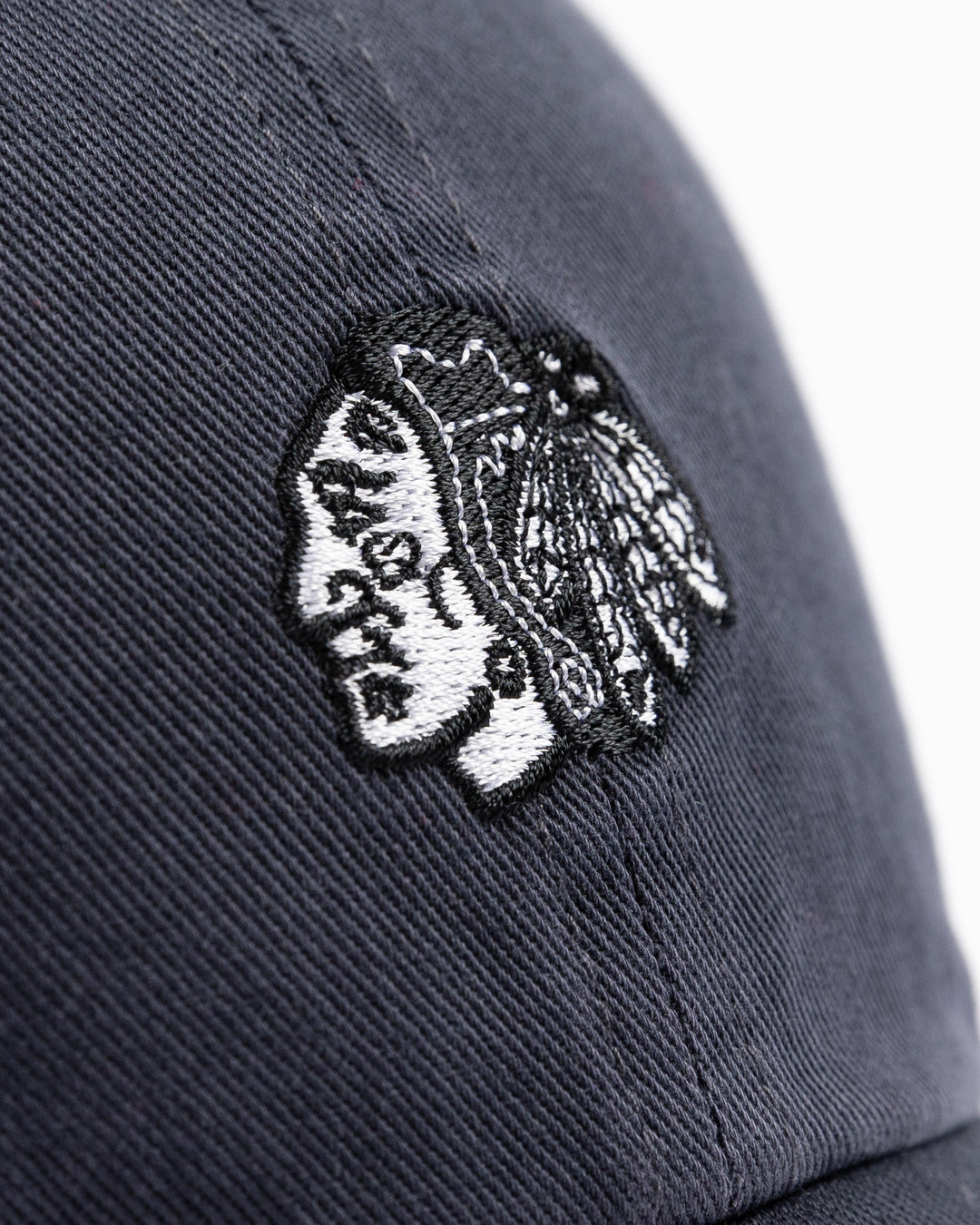 navy '47 brand clean up cap with mini tonal Chicago Blackhawks primary logo embroidered on front - front detail lay flat