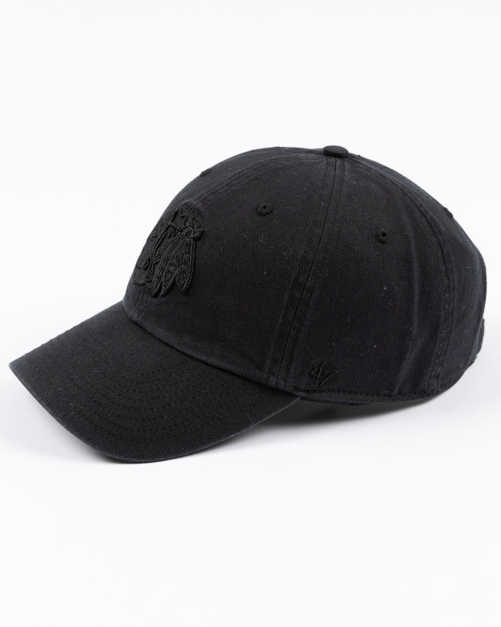 '47 brand adjustable black cap with tonal black Chicago Blackhawks primary logo embroidered on front - left angle lay flat