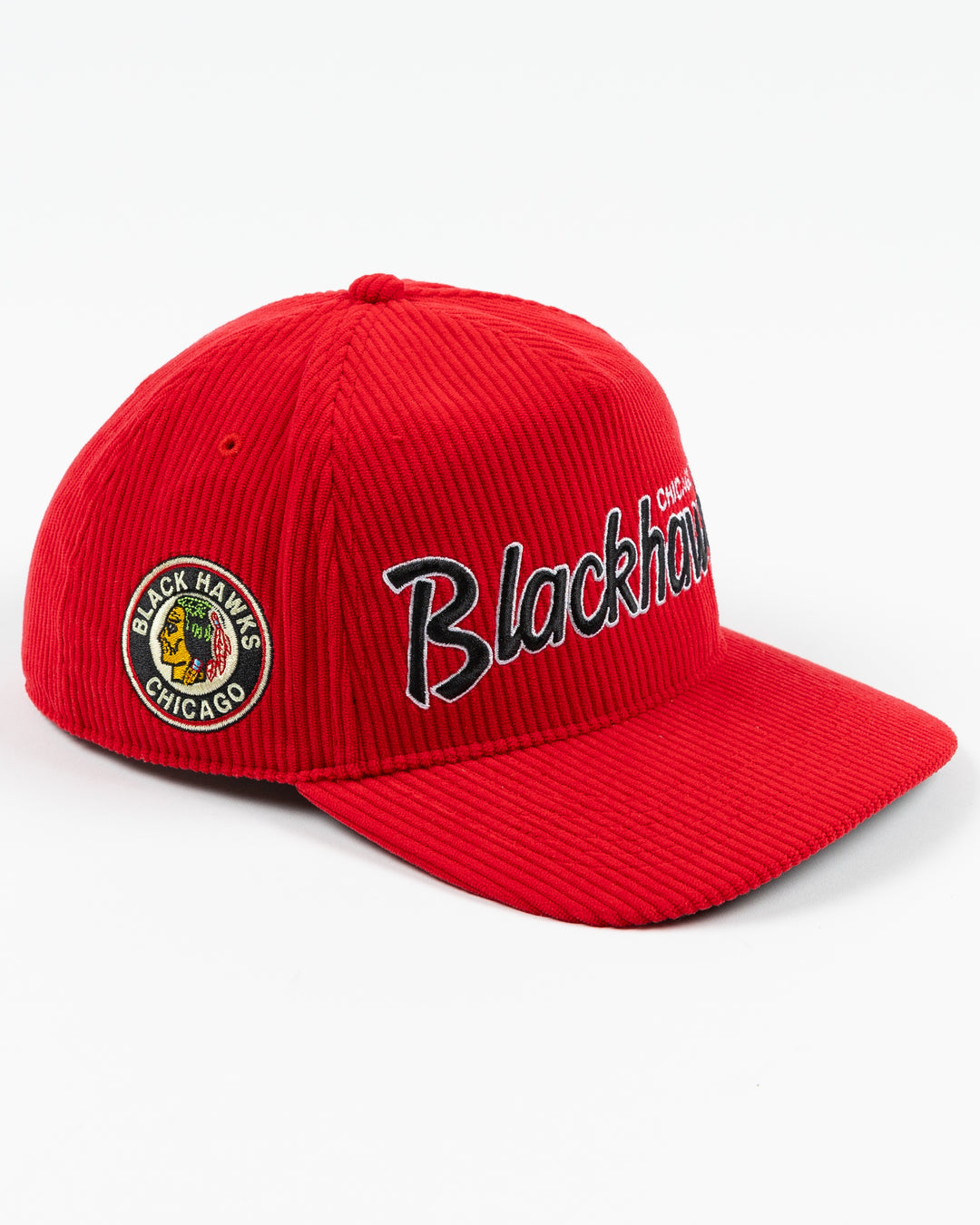 red corduroy '47 brand adjustable hat with embroidered Chicago Blackhawks wordmark on front and vintage logo on right side - right angle lay flat