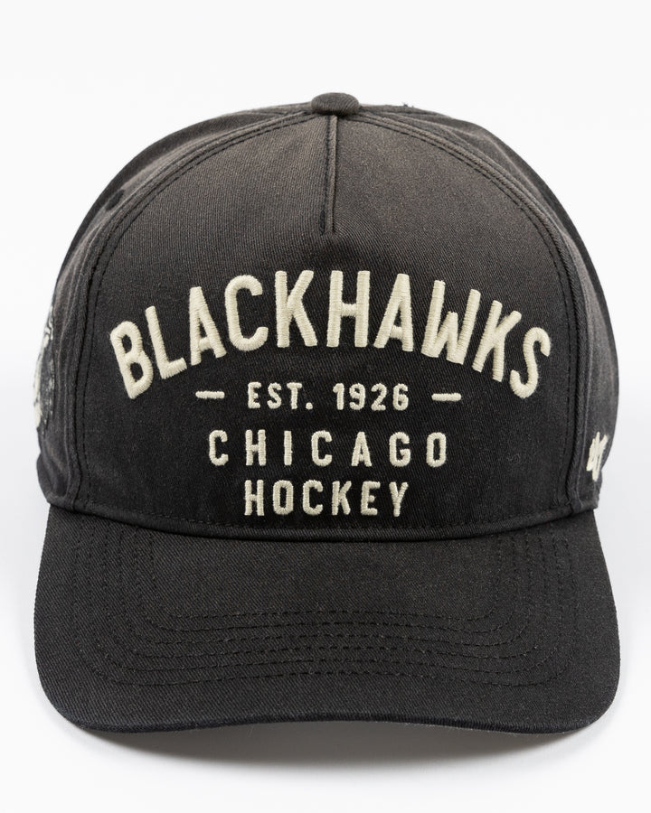 gradient black '47 brand adjustable hat with Chicago Blackhawks wordmark graphic embroidered on front and tonal primary logo embroidered on right side - front lay flat