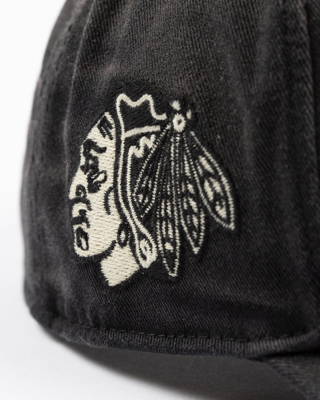 gradient black '47 brand adjustable hat with Chicago Blackhawks wordmark graphic embroidered on front and tonal primary logo embroidered on right side - side detail lay flat