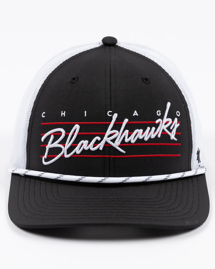 black and white rope adjustable trucker '47 brand cap with Chicago Blackhawks retro word graphic on front - front lay flat