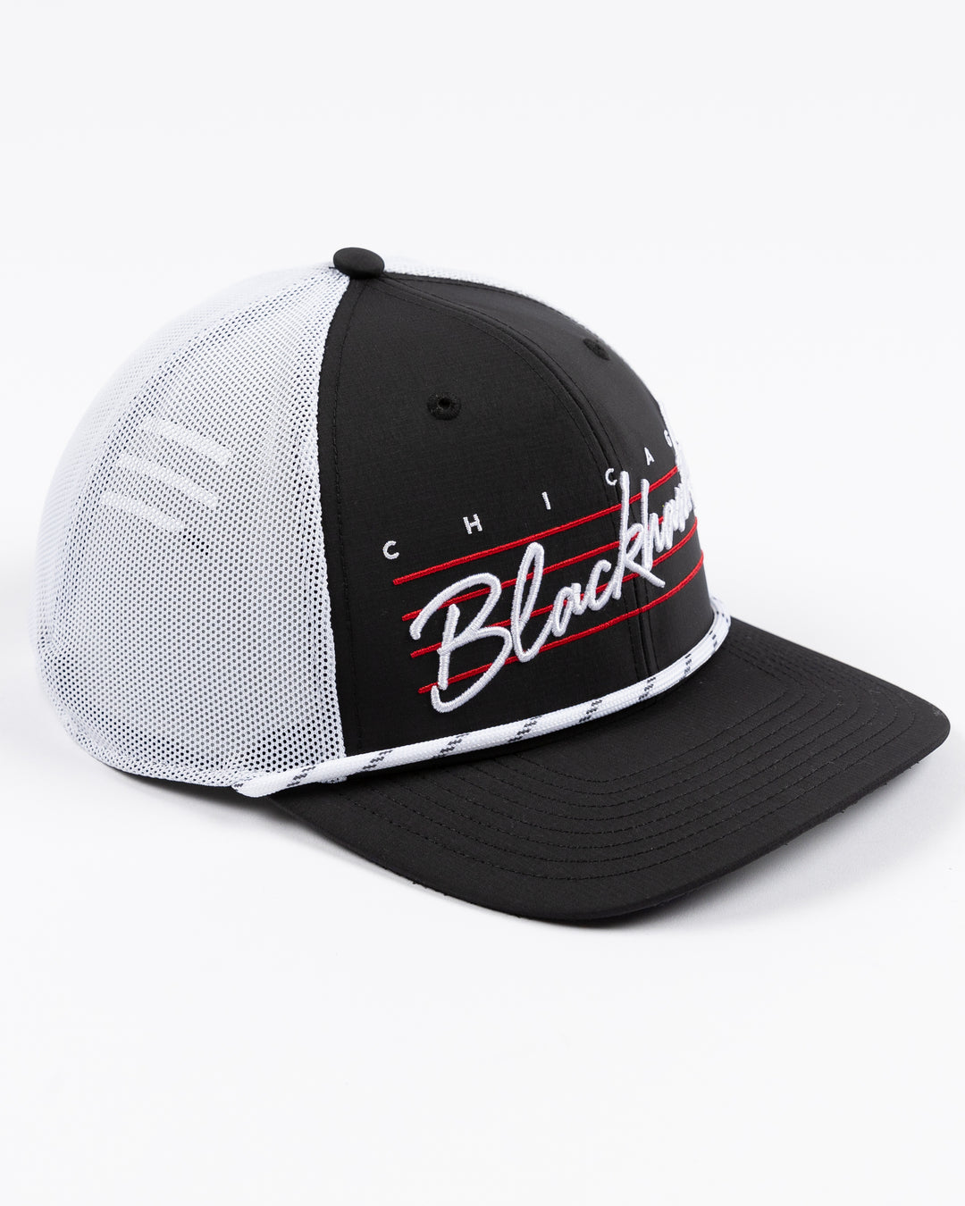 black and white rope adjustable trucker '47 brand cap with Chicago Blackhawks retro word graphic on front - right angle lay flat